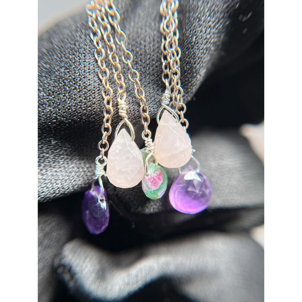 Sterling Silver Multi Gem Dangle Earrings Amethyst Rose Quartz Ruby Zoisite